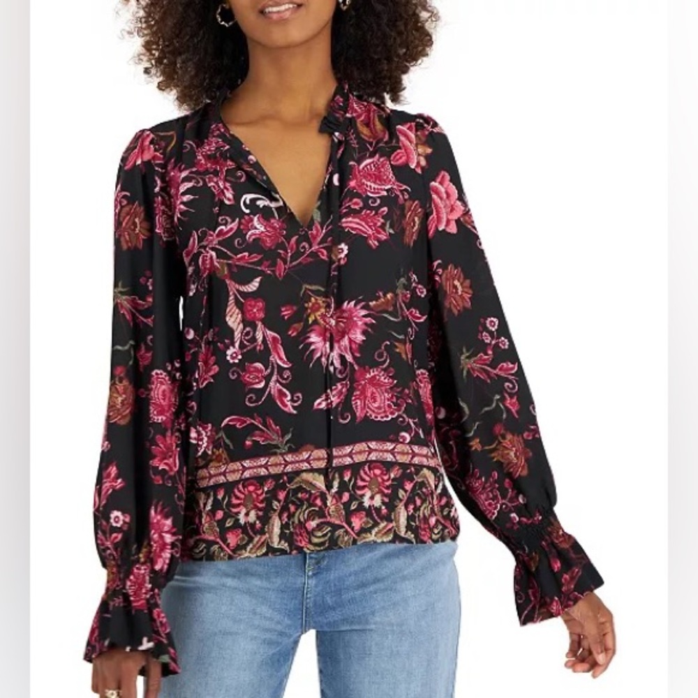 INC FLORAL TIE NECK BLOUSE